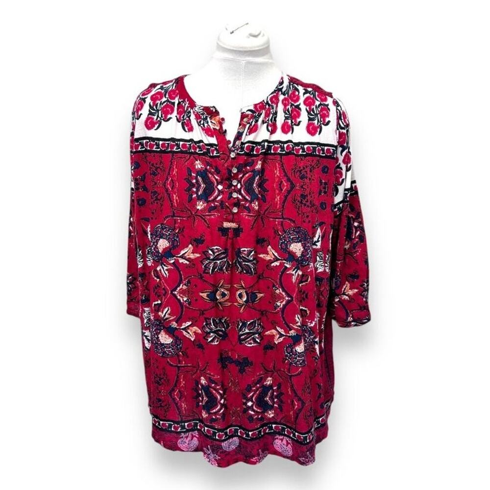 Lucky Brand Women’s 3/4 Sleeve Peasant Blouse Casual Floral Paisley Boho Red 2X - Picture 1 of 10